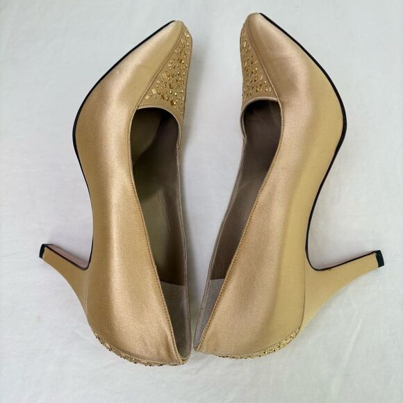 ST. JOHN Modena Marie Satin Rhinestone Heels Pumps Champagne Gold Formal Sz 8 - Picture 2 of 16